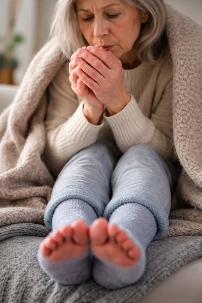 Woman wrapped in a blanket warming her hands with cold feet visible, illustrating cold hands and feet caused by poor circulation