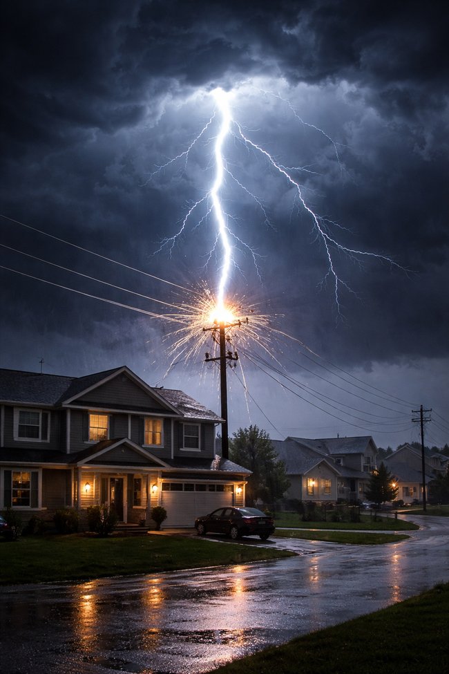 Lightning striking a power pole above a suburban home during a severe thunderstorm with dark storm clouds overhead.