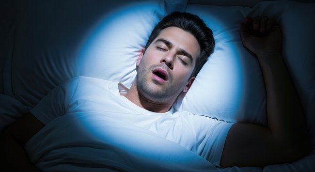 Man sleeping on his back at night, representing low oxygen levels during sleep.