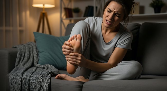 Woman sitting on a couch holding her foot due to burning feet pain at night.
