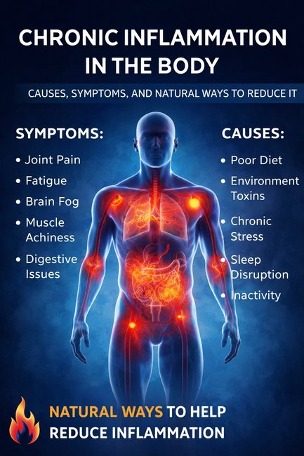 Illustration showing chronic inflammation in the body with highlighted areas of inflammation and common symptoms such as joint pain, fatigue, and digestive issues.