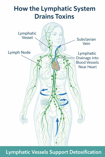 Diagram of the lymphatic system showing how lymph fluid drains through lymph vessels and nodes toward the bloodstream