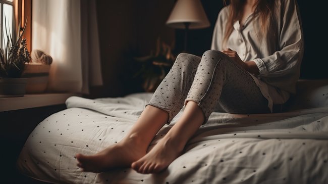 Woman sitting up in bed at night holding her leg due to discomfort or cramping