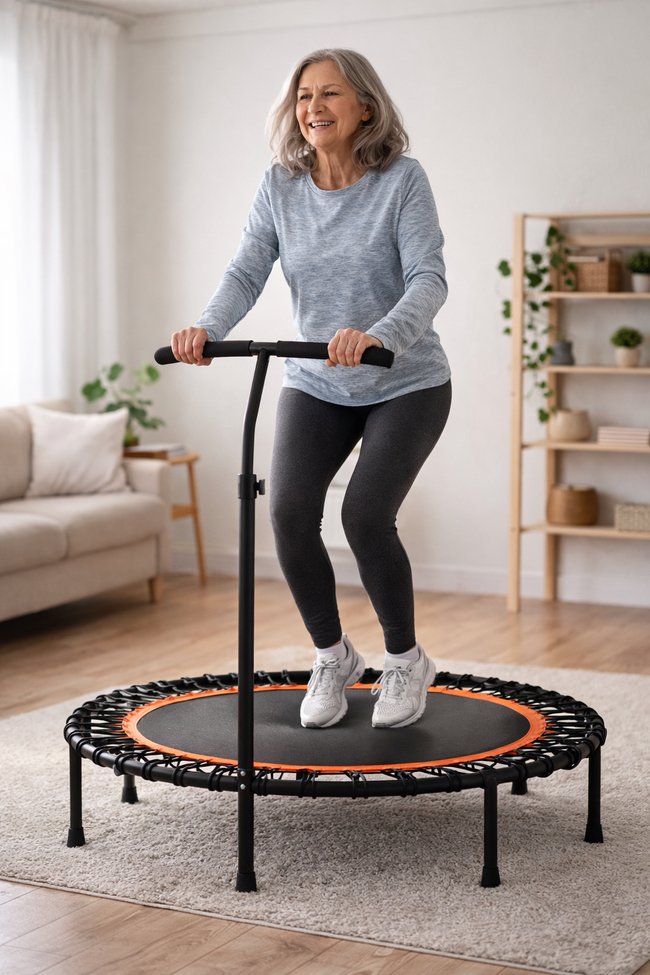 Woman exercising on a mini trampoline doing rebounding exercise to support circulation and lymphatic health