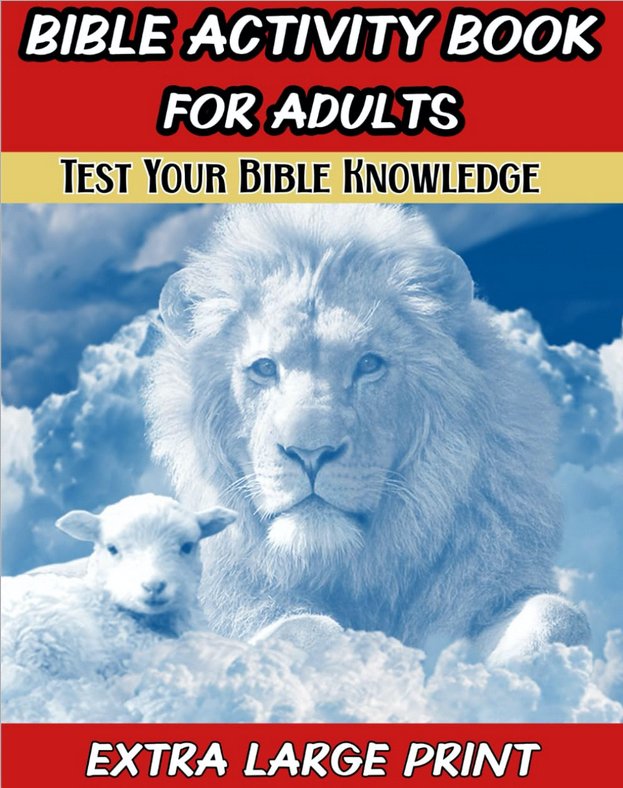 Bible activity book for adults cover featuring lion and lamb with large print puzzles and scripture-based activities