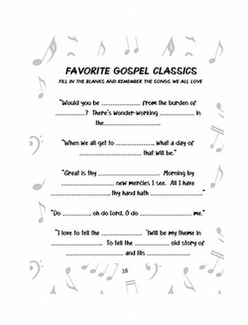 Bible activity book for adults gospel song fill in the blanks page featuring classic hymns and memory exercises