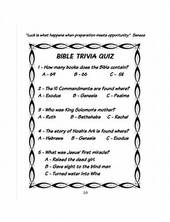 Bible activity book for adults trivia quiz page with multiple choice questions about scripture and Bible knowledge