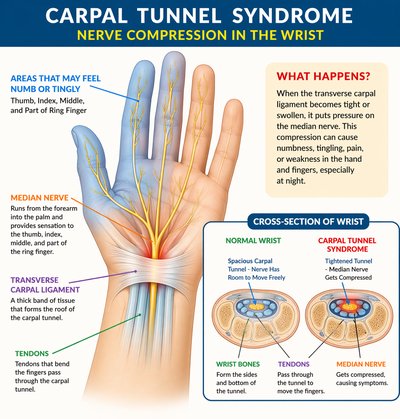 Diagram showing median nerve compression in the wrist causing numbness and tingling in the hand