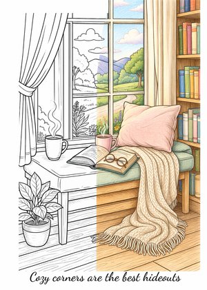 cozy corners reading nook coloring book page half colored in soft pastel tones showing before and after home decor inspiration