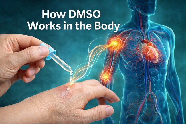 Illustration showing how DMSO absorbs through the skin and moves into the bloodstream and tissues