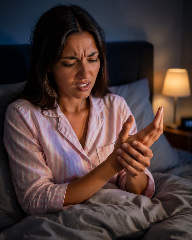 Person waking up at night holding numb or tingling hand due to circulation or nerve pressure