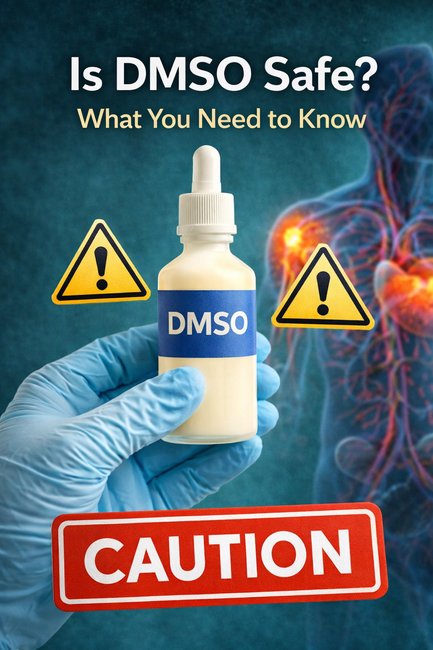 Illustration of DMSO bottle with safety warning symbols highlighting important considerations before use