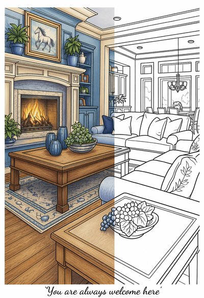 living room in cozy corners coloring book page half colored in soft blue tones showing before and after home decor color inspiration