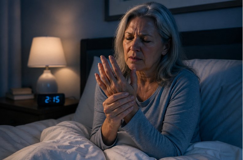 person waking up with numb hands at night