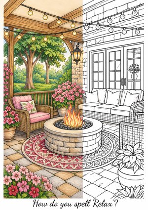 outdoor patio cozy corners coloring book page half colored in soft pink and warm tones showing before and after relaxation space design