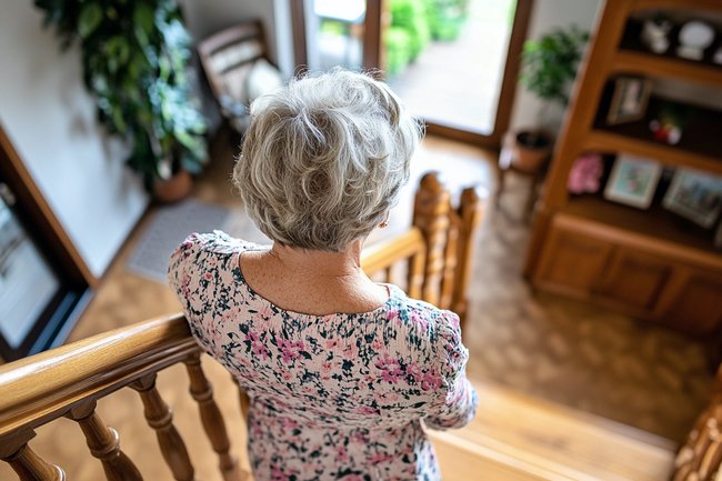 Senior woman walking down stairs at home highlighting fall risk and home safety. Learn the top causes of falls in seniors.