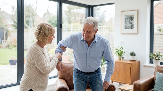 Senior man being assisted while standing at home to maintain balance and prevent falls in a home safety guide.