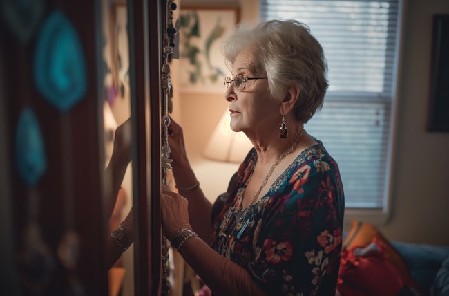 Older woman reflecting on sentimental belongings while deciding to declutter sentimental items