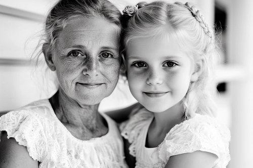 grandmother and young granddaughter sharing a close moment black and white portrait