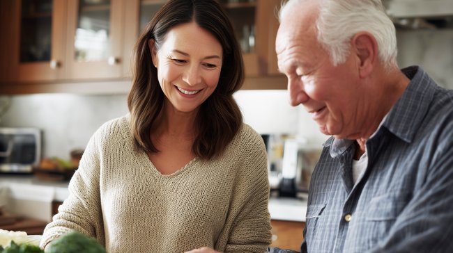 Adult daughter helping elderly father organize belongings during helping parents downsize