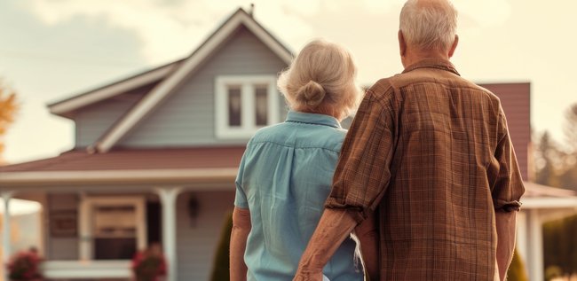 Older couple standing outside longtime family home during emotional relocation