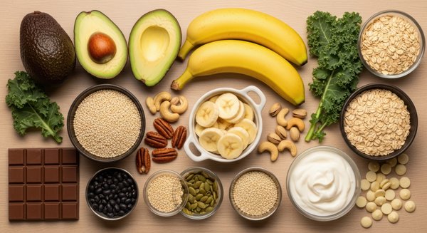 Magnesium-rich foods including avocado, bananas, nuts, seeds, leafy greens, and whole grains arranged on a table