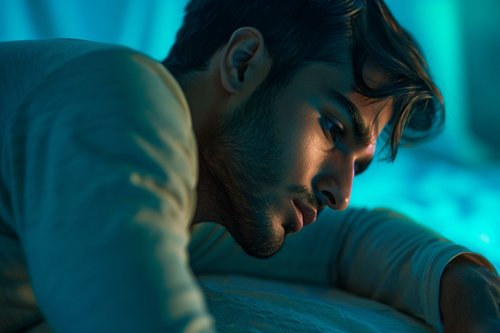 Man lying awake at night appearing thoughtful or uncomfortable as symptoms become more noticeable after dark