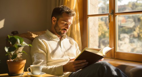 man reading a book quietly by a window representing faith reflection and personal study