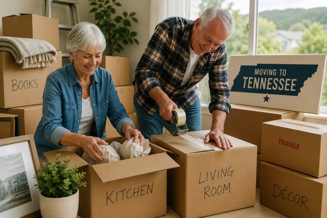 Senior couple packing boxes at home while preparing to move - after 50 - to Tennessee