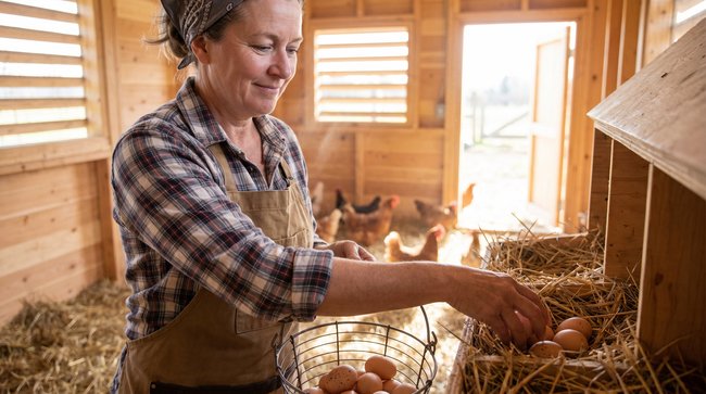 Senior woman collecting eggs in a chicken coop as part of a simple living lifestyle