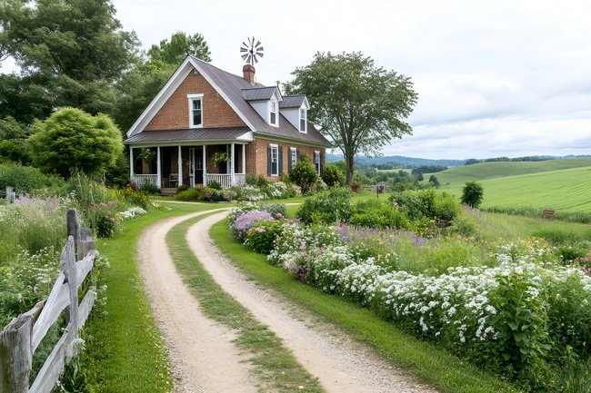 Peaceful country home with garden and winding driveway representing simple living lifestyle