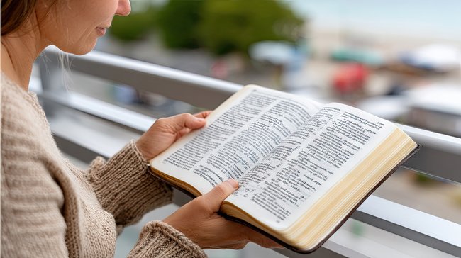 Woman reading the Bible quietly in reflection, representing strength and faith in everyday life