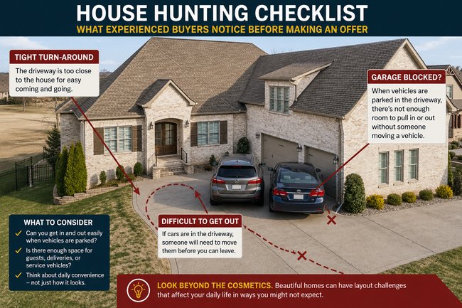 House hunting checklist image showing a home with a tight driveway layout where parked vehicles can block garage access and make it difficult to enter or exit the property.