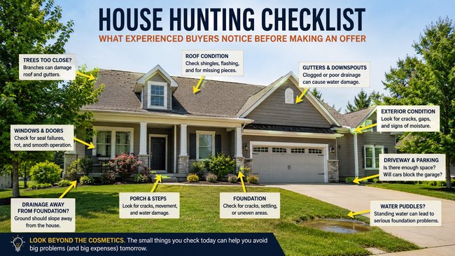 House hunting checklist showing common areas buyers should inspect before purchasing a home, including the roof, gutters, foundation, drainage, windows, and driveway.
